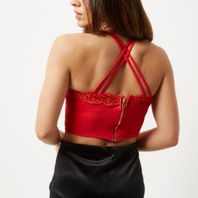 Red lace mesh crop top